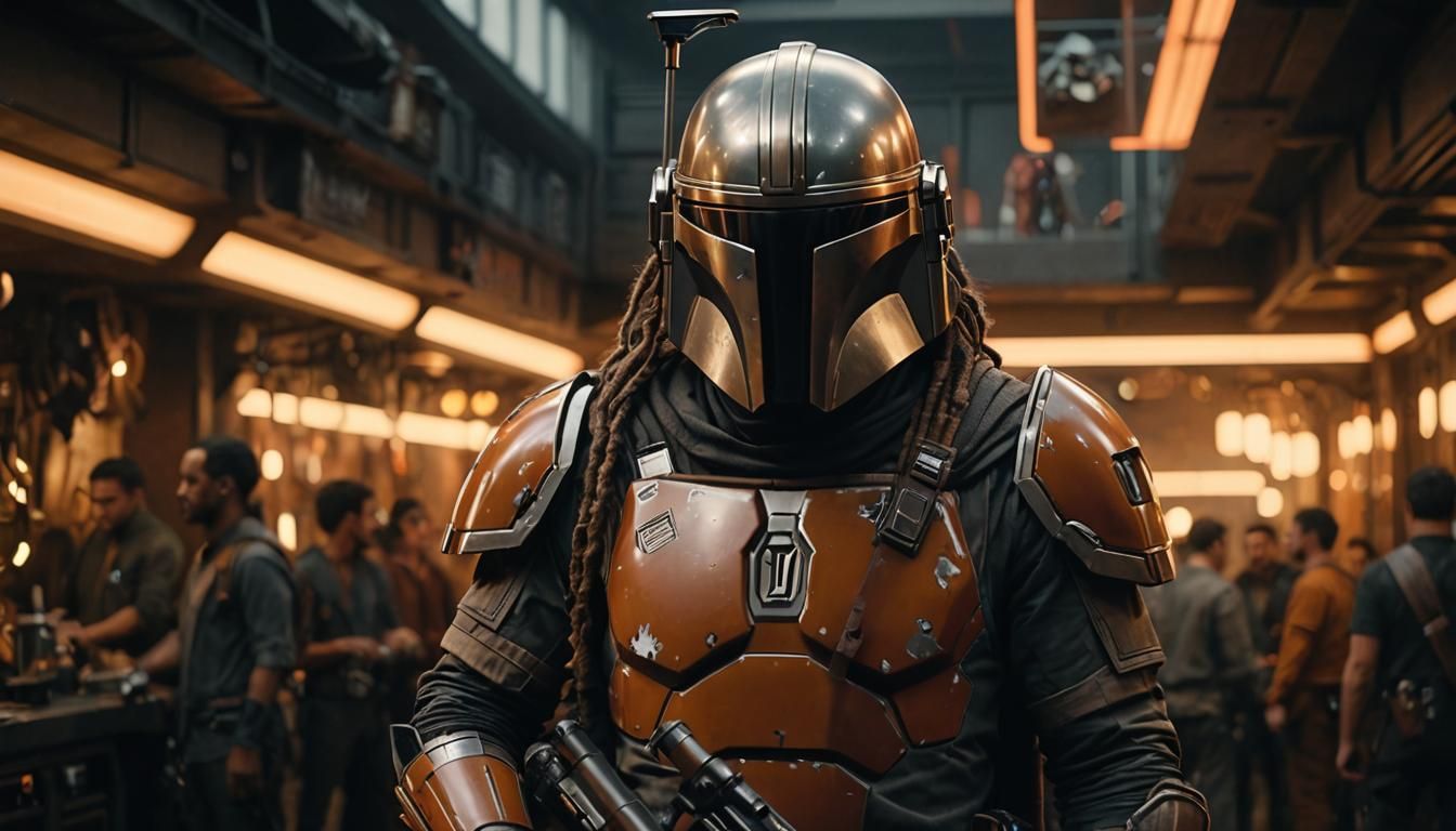 Cinematic shot of The Mandalorian with long dreadlocks weari...