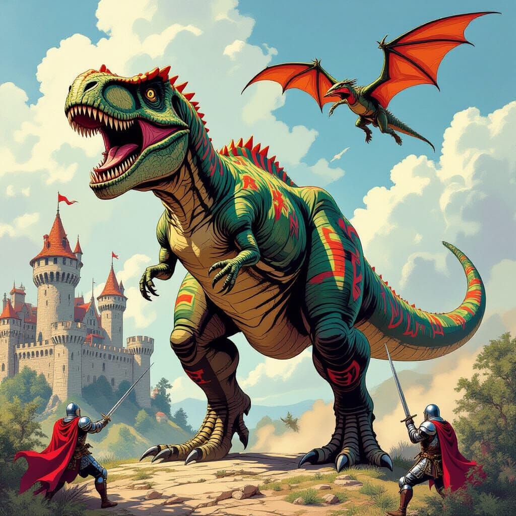 Tyrannosaurus Rex Guards Medieval Castle in Comic Book Style