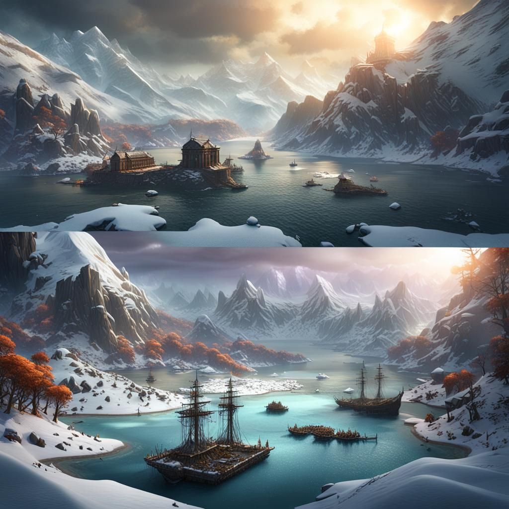 Teams Battle on Sinking Snowy Island: Fantasy Concept Art