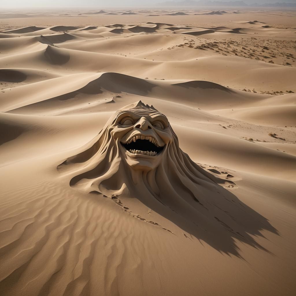An image of a sand monster that embodies a mix of terror and beauty, thriving in the vastness of the desert. Its form is...