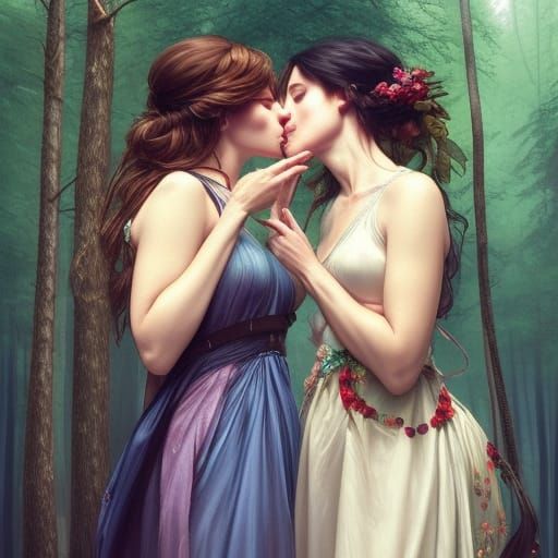 Passionate Kiss in Forest: Artgerm, WLOP Style