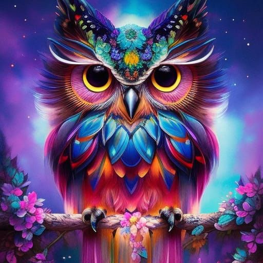 Solarpunk Flower Owl Portrait in Liquid Ink