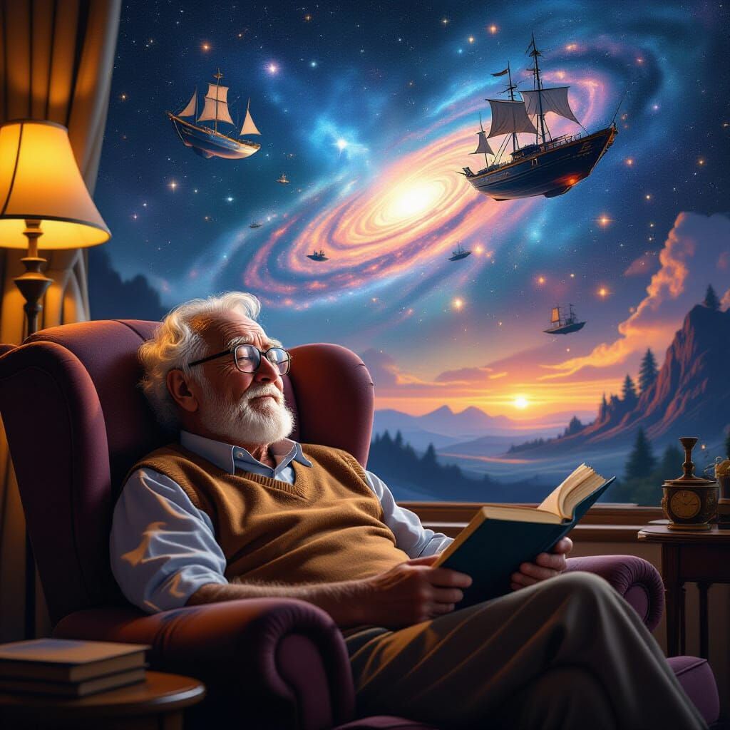 Dreamy Scene of Elderly Man's Imagination