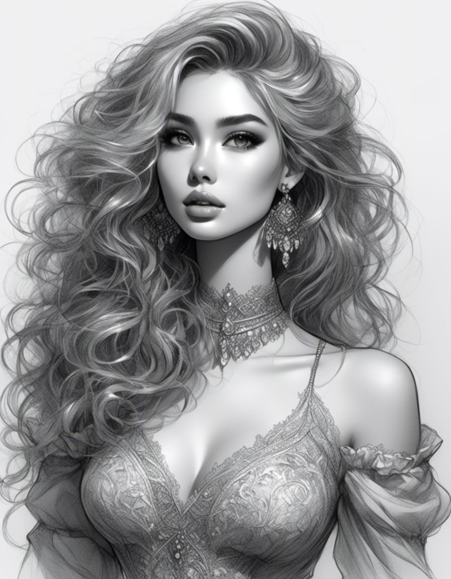 Curvy Anime Girl in Skintight Dress: Detailed Sketch