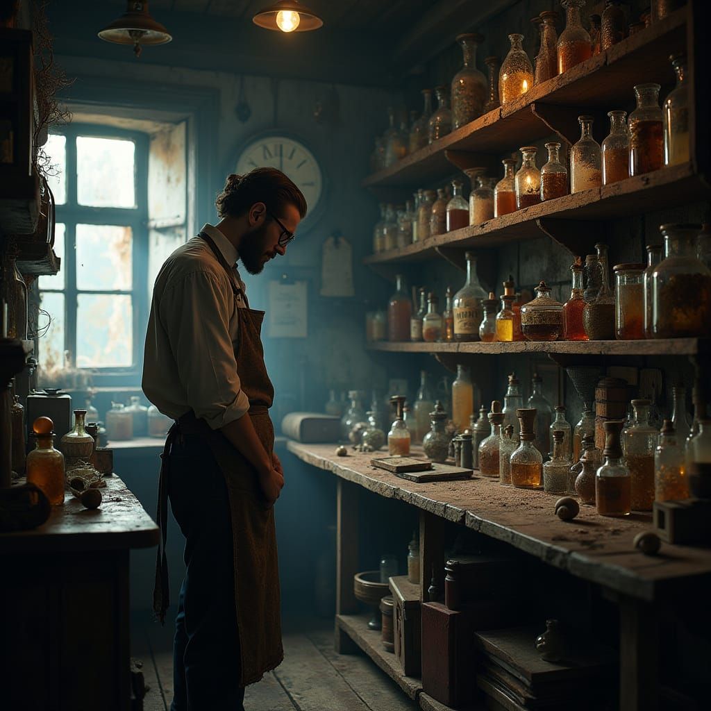 Magic Shop Owner Amidst Enchanted Artifacts