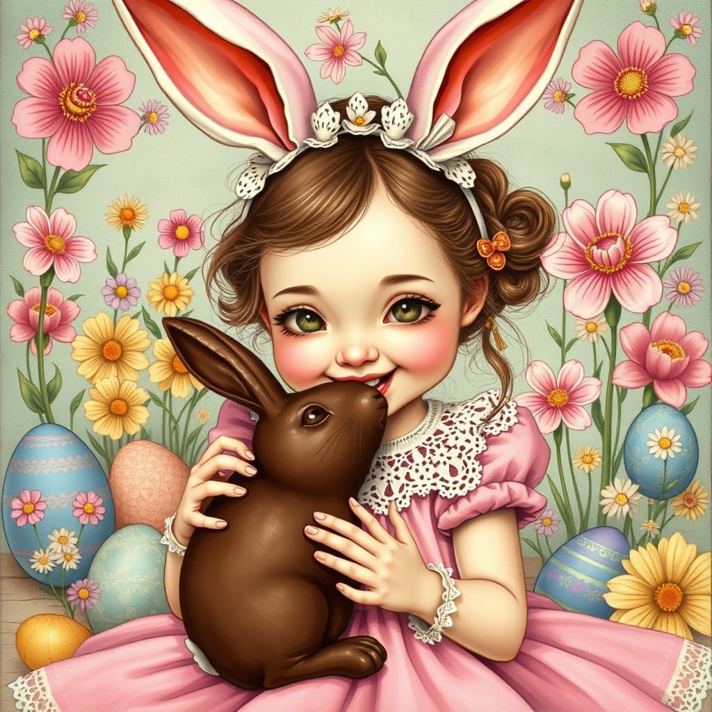 Whimsical Girl Devours Chocolate Bunny in Pastel Wonderland