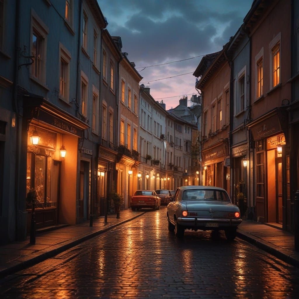 Sunset Cityscape with Golden Streets: Digital Painting