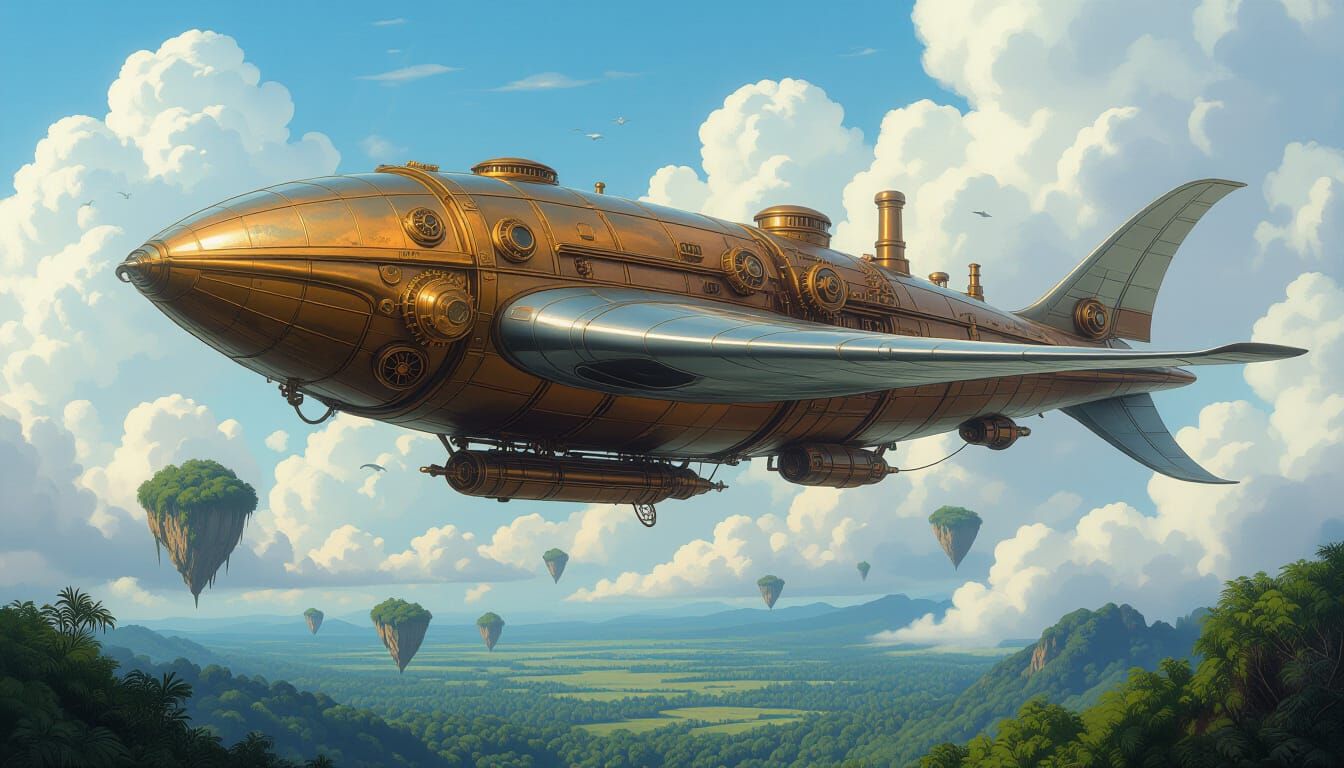 Steampunk Manta Ray Airship Soaring Through Fantasy Sky