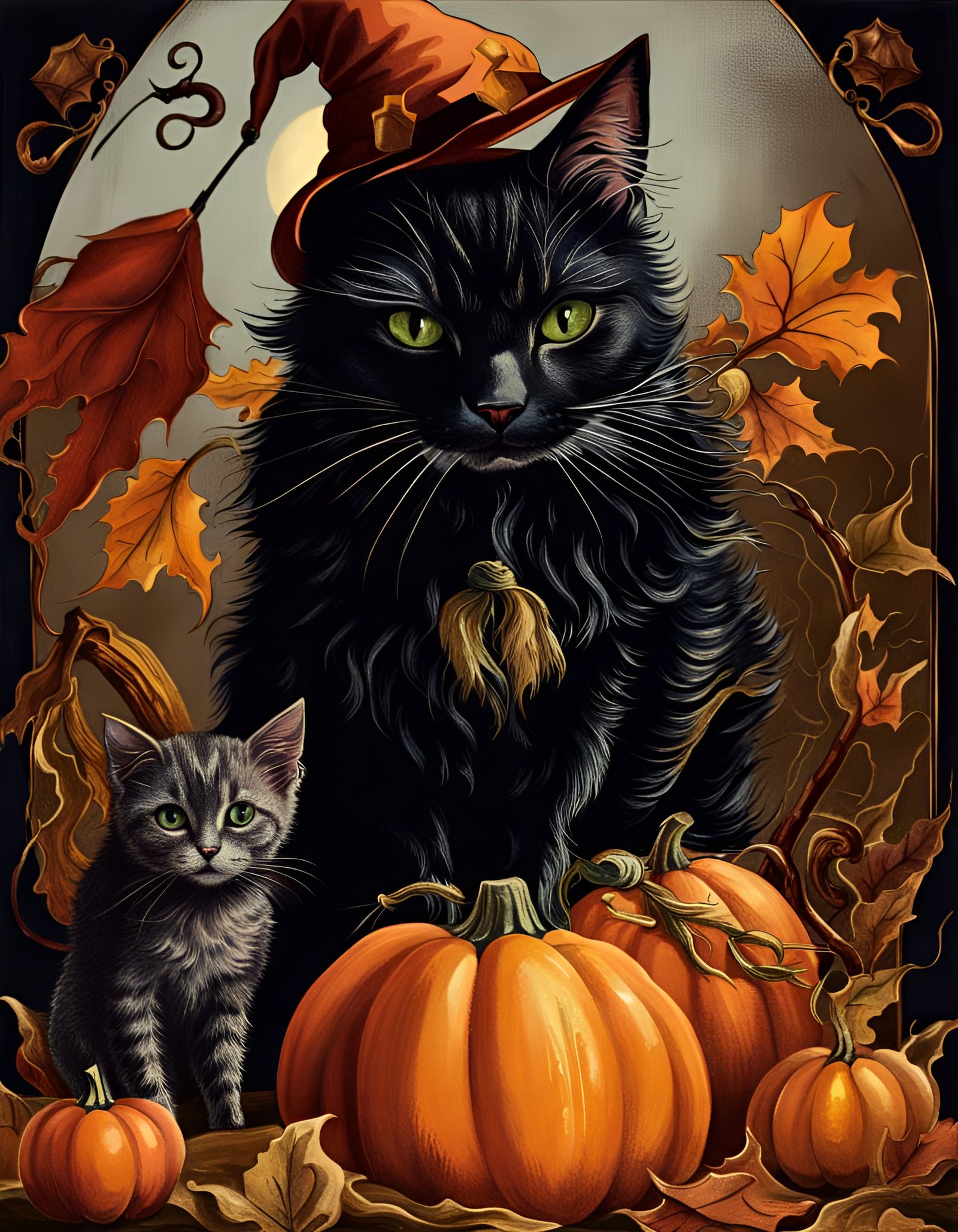 Vintage Halloween Witch Cat With Pumpkins
