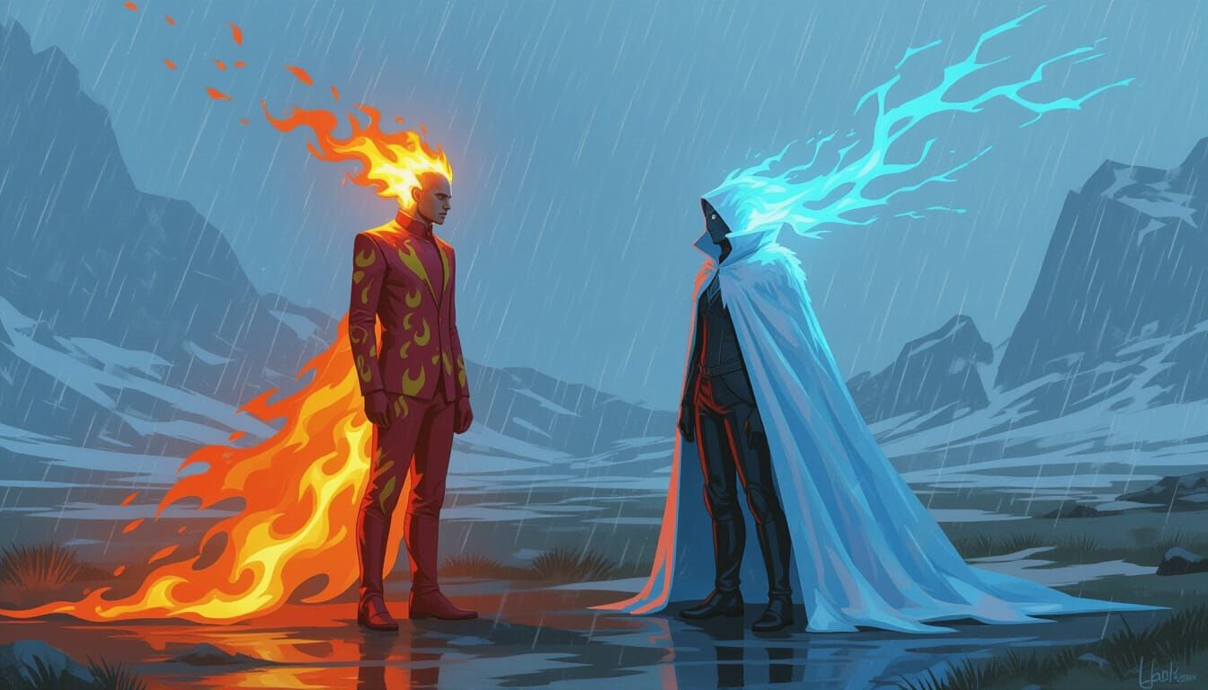 Fiery vs. Icy Beings in Dramatic Storm Landscape