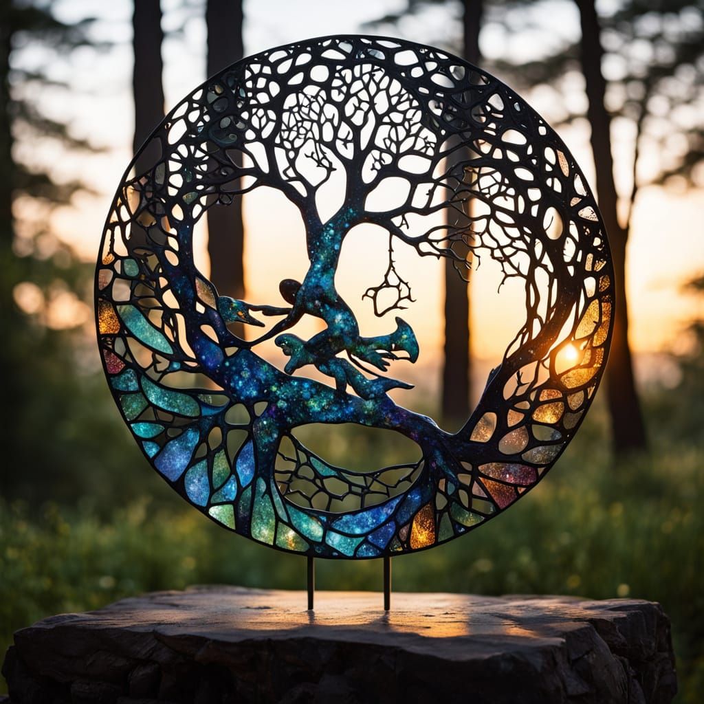 Surreal Abstract Sculpture Ascends from Dark Forest in Vibra...