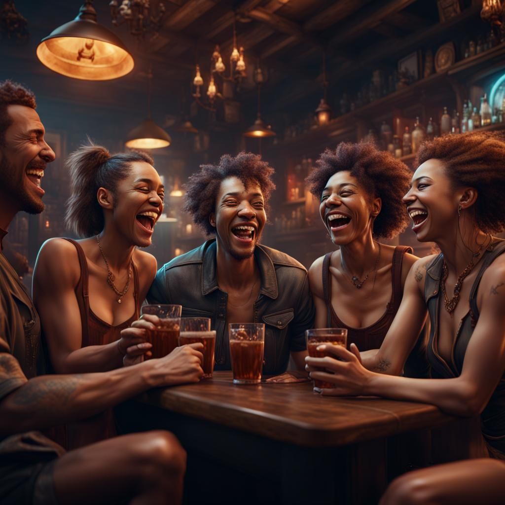 Group of friends laughing out loud in a bar