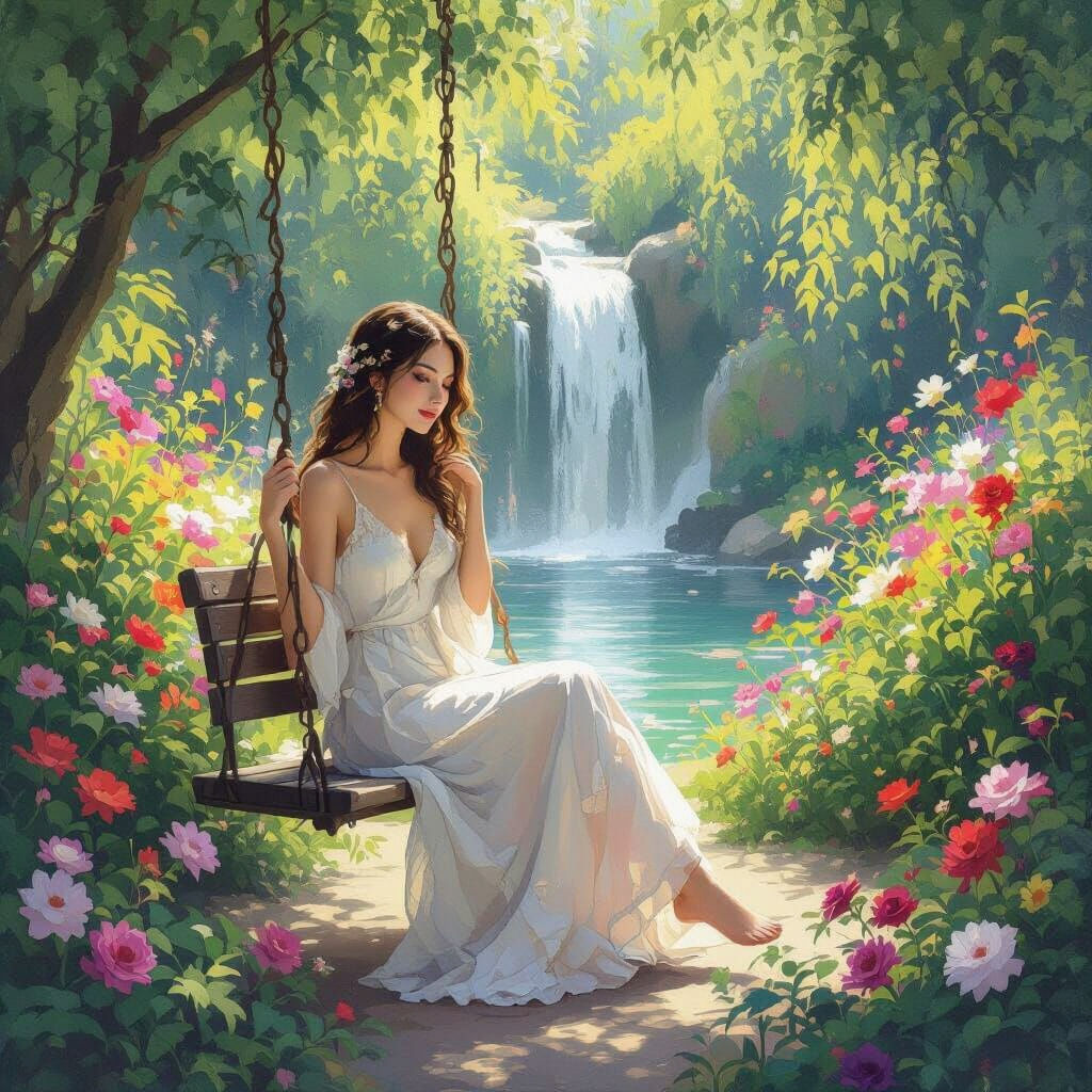 Picturesque Garden Oasis with Waterfall and Swing