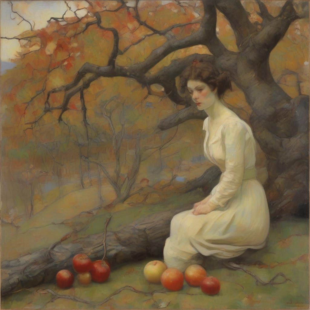 Surreal Gnarled Tree with Jewel-Toned Fruit and Reptiles