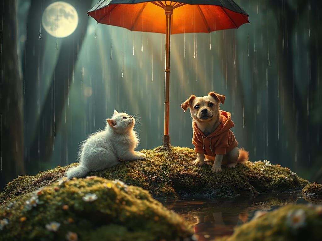 Whimsical Cat and Dog Fantasy Scene