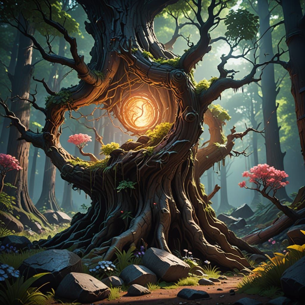 Surreal Woodland Scene in Vibrant Oil Painting Style