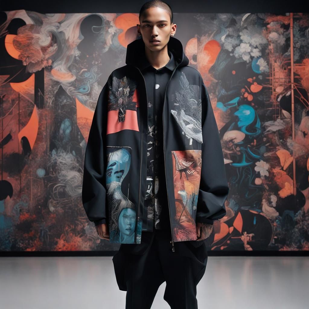 an AI art composition that brings to life Shane Gonzales' signature use of oversized silhouettes and bold graphics in Mi...