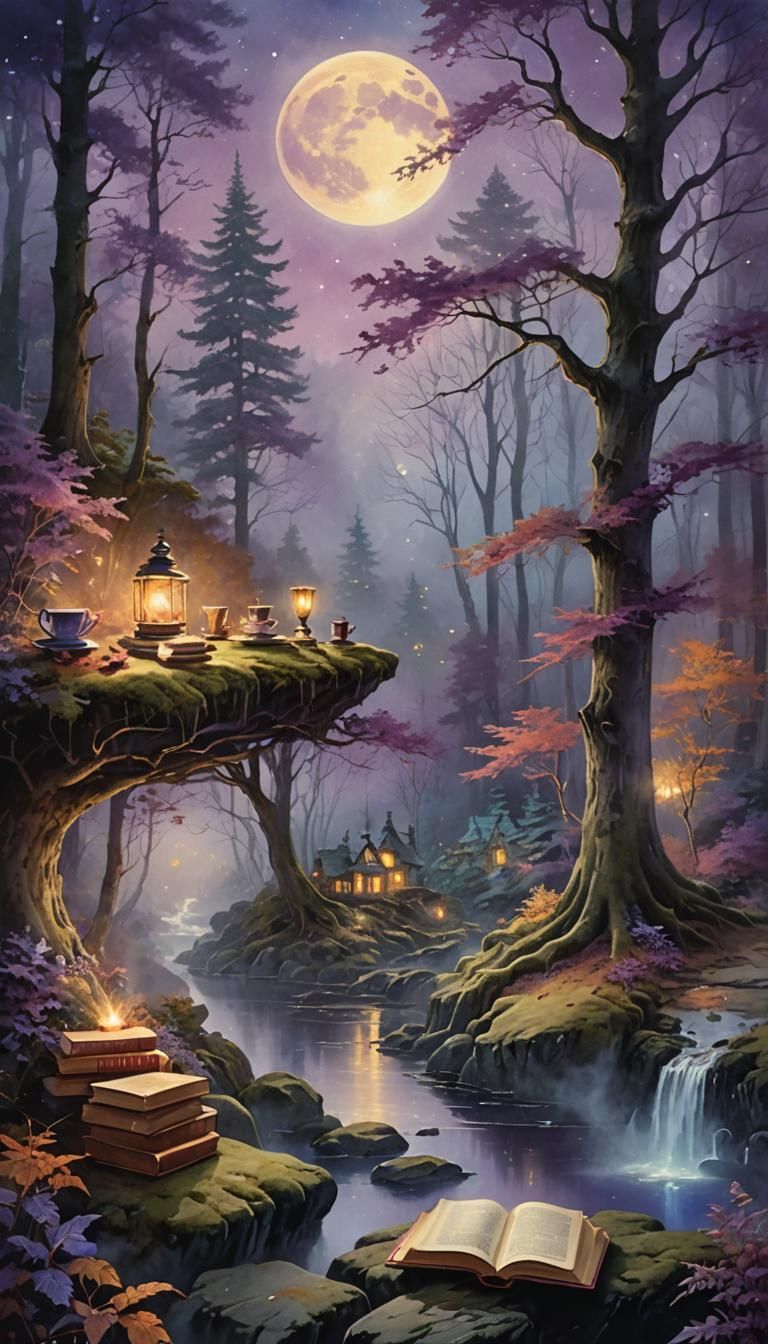 Purple Moon Over Autumn Forest: Watercolor Fantasy
