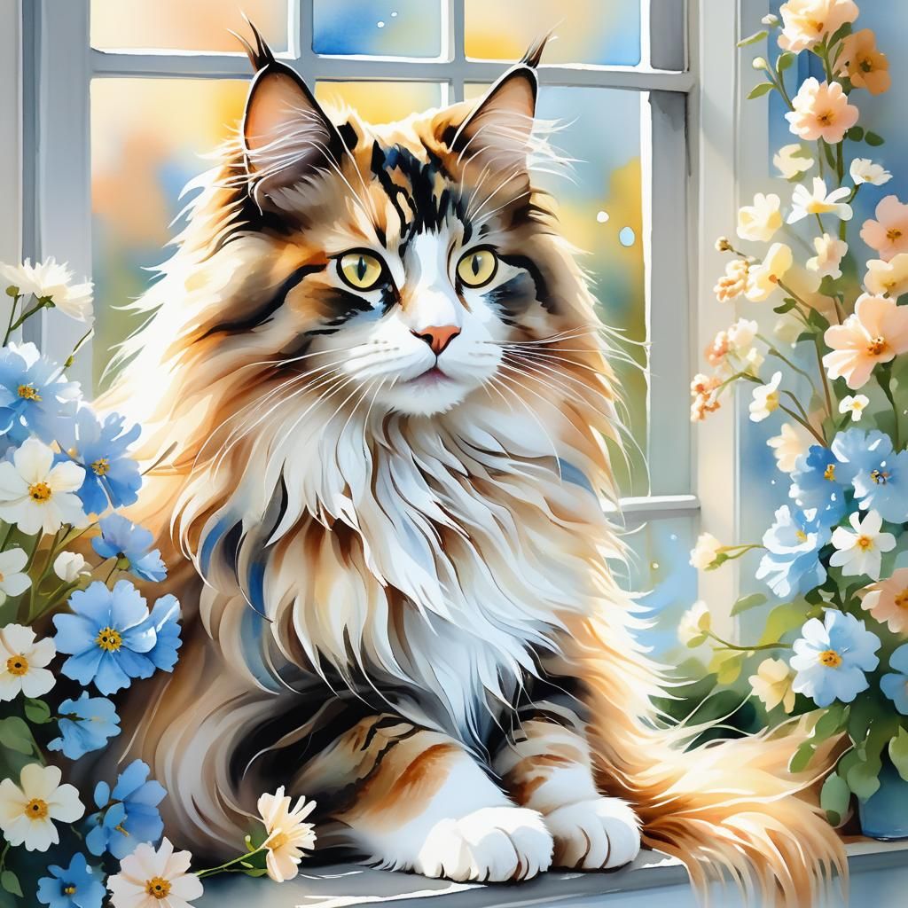 Watercolor Norwegian Forest Cat with Flowers