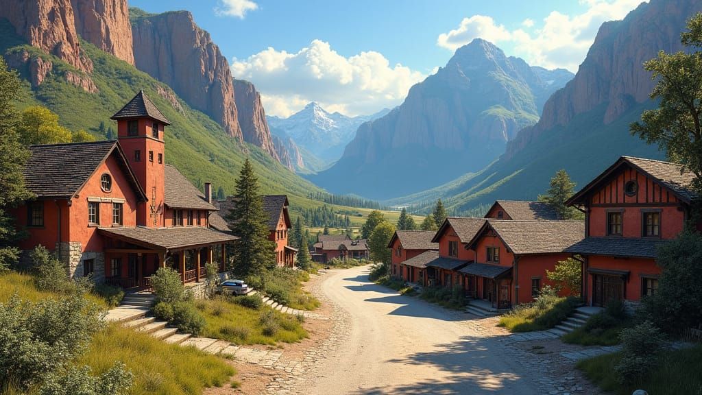 Idyllic Mountain Town Inspired by Bierstadt and Constable