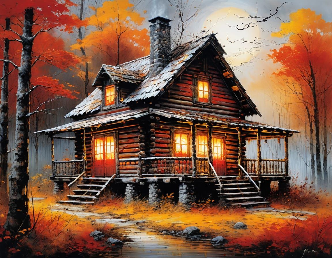 Autumn Cabin at Dusk in Abstract Style