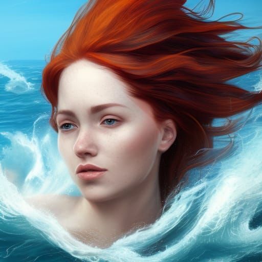 Redhead Woman with Fiery Hair Swimming: Digital Art