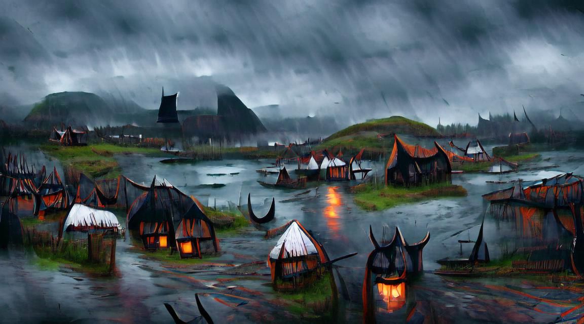 Rainy Grimdark Viking Village Digital Painting