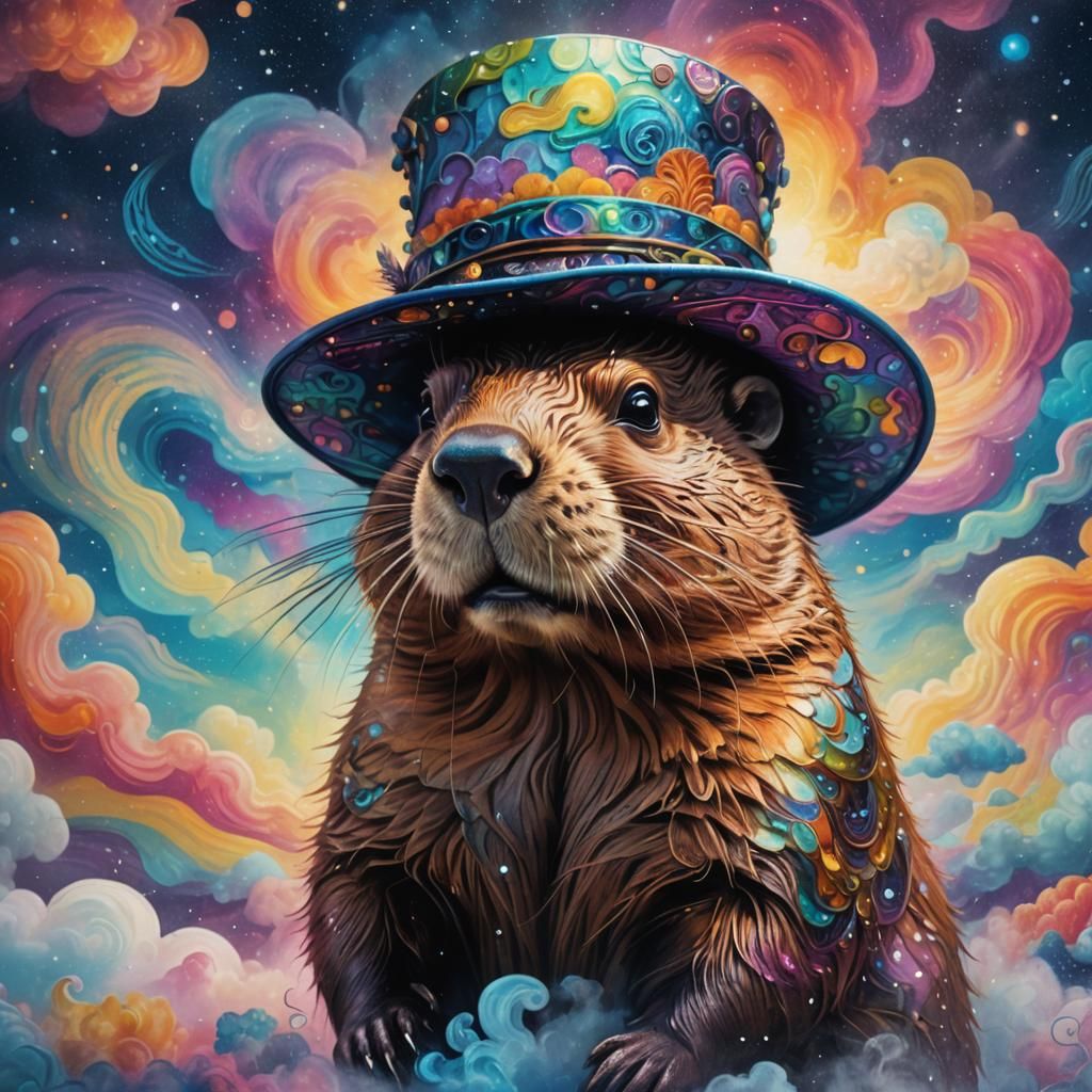 Beaver in Iridescent Hat Surrounded by Astral Clouds
