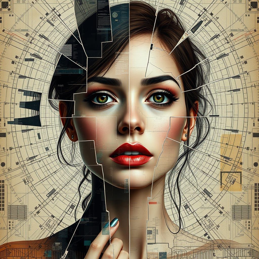 Distorted Portrait with Pixel Glitch Art and Fractured Mirro...