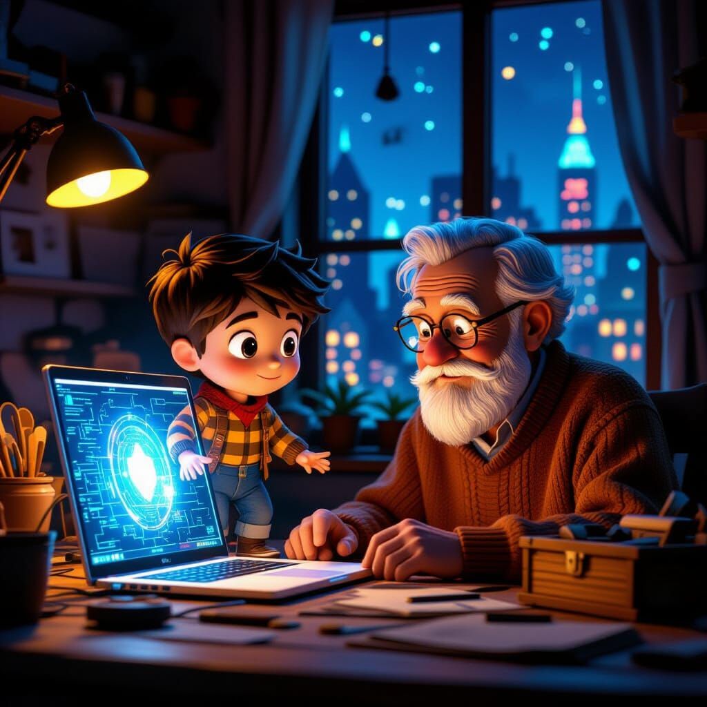 Holographic Boy Emerges in Cozy Cyberpunk Workshop