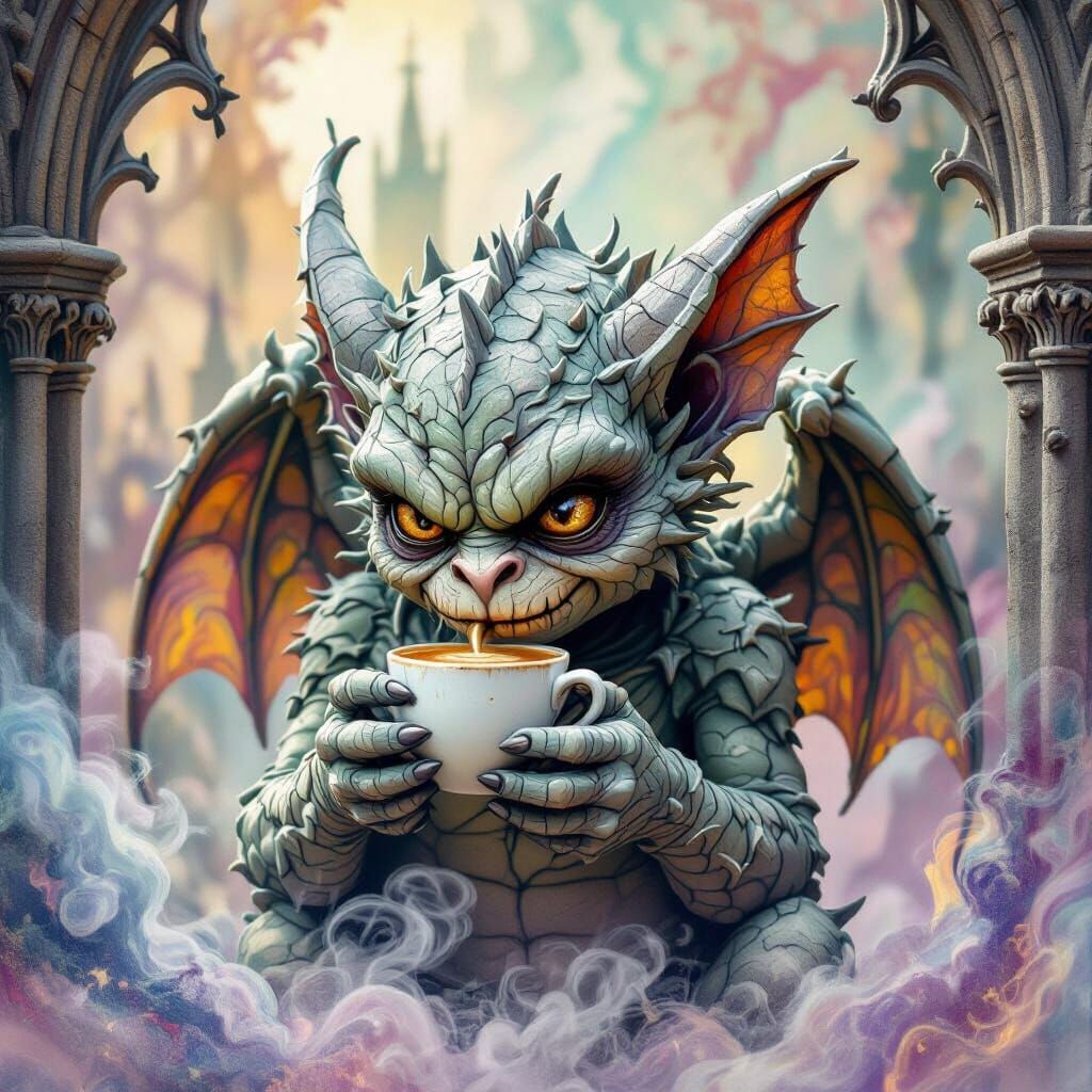Gargoyle Sipping Espresso in Gothic Cathedral