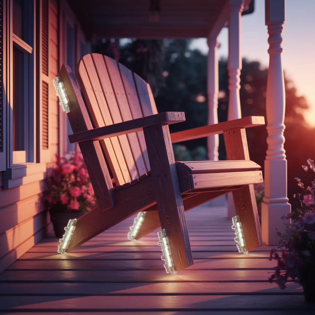 Futuristic Wooden Chair Floating on a Twilight Porch