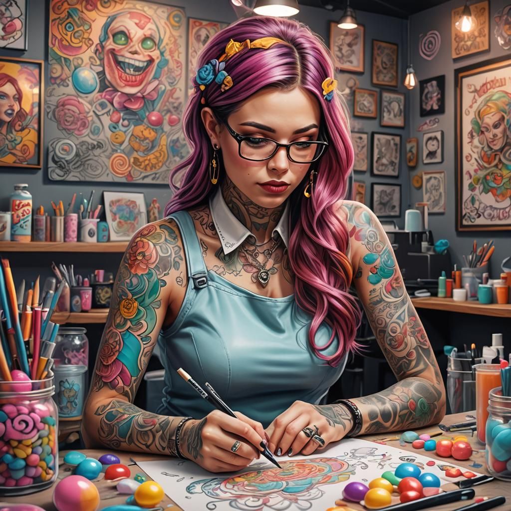 Tattooed Artist Sketching Design in Candy Art Style