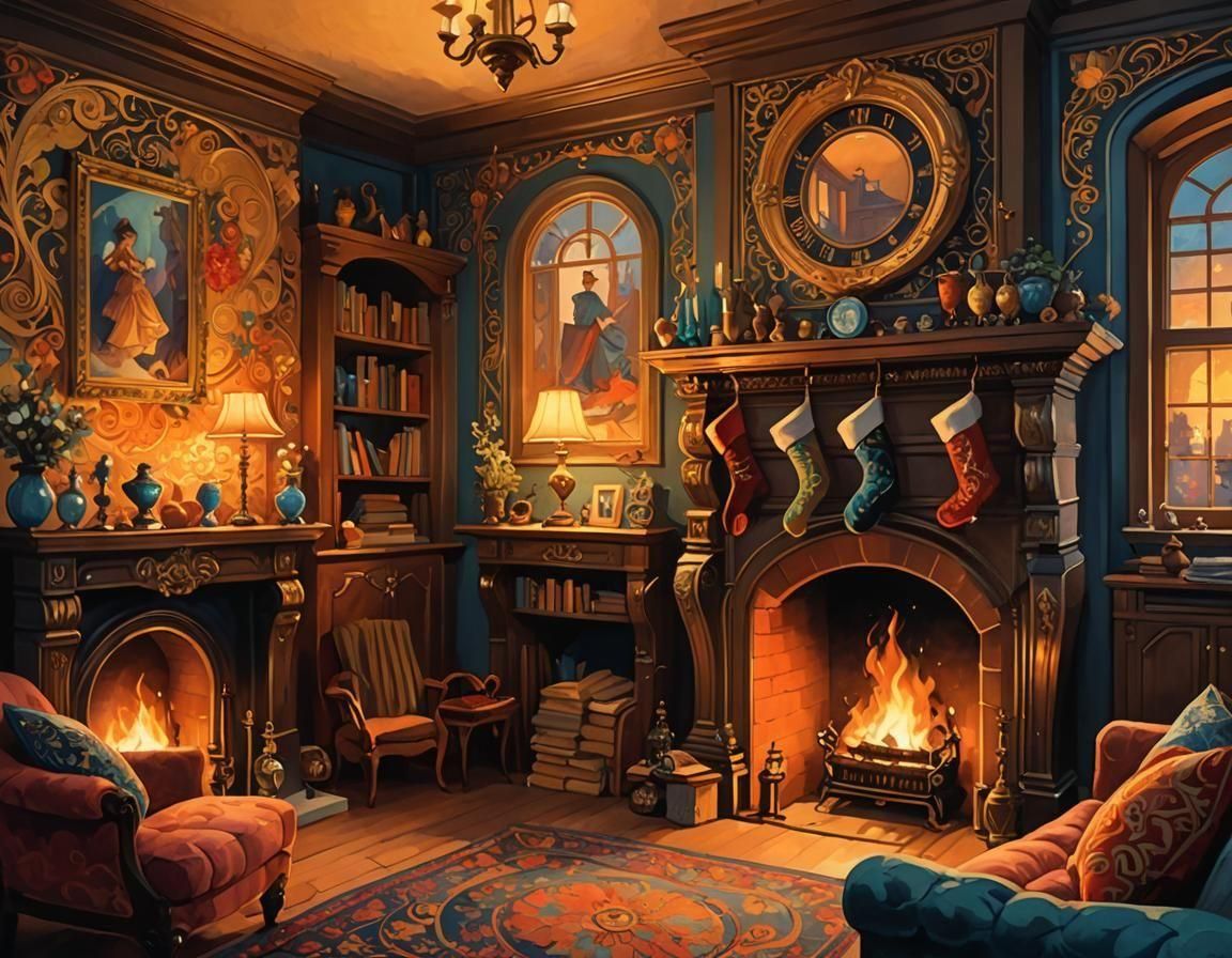 Christmas Eve Fireplace Scene in Gouache Style