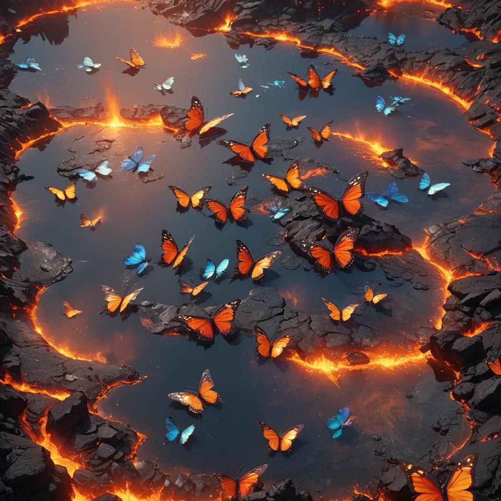 Butterflies Above Lava in Digital Matte Painting Style