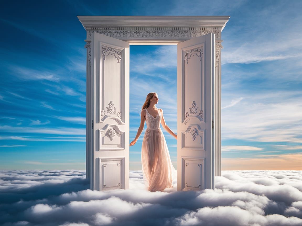 Ethereal Woman Enters Doorway in the Sky