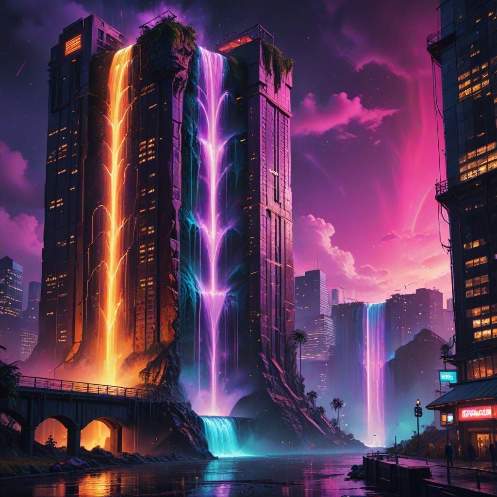 Futuristic City Waterfall in Impressionist Style