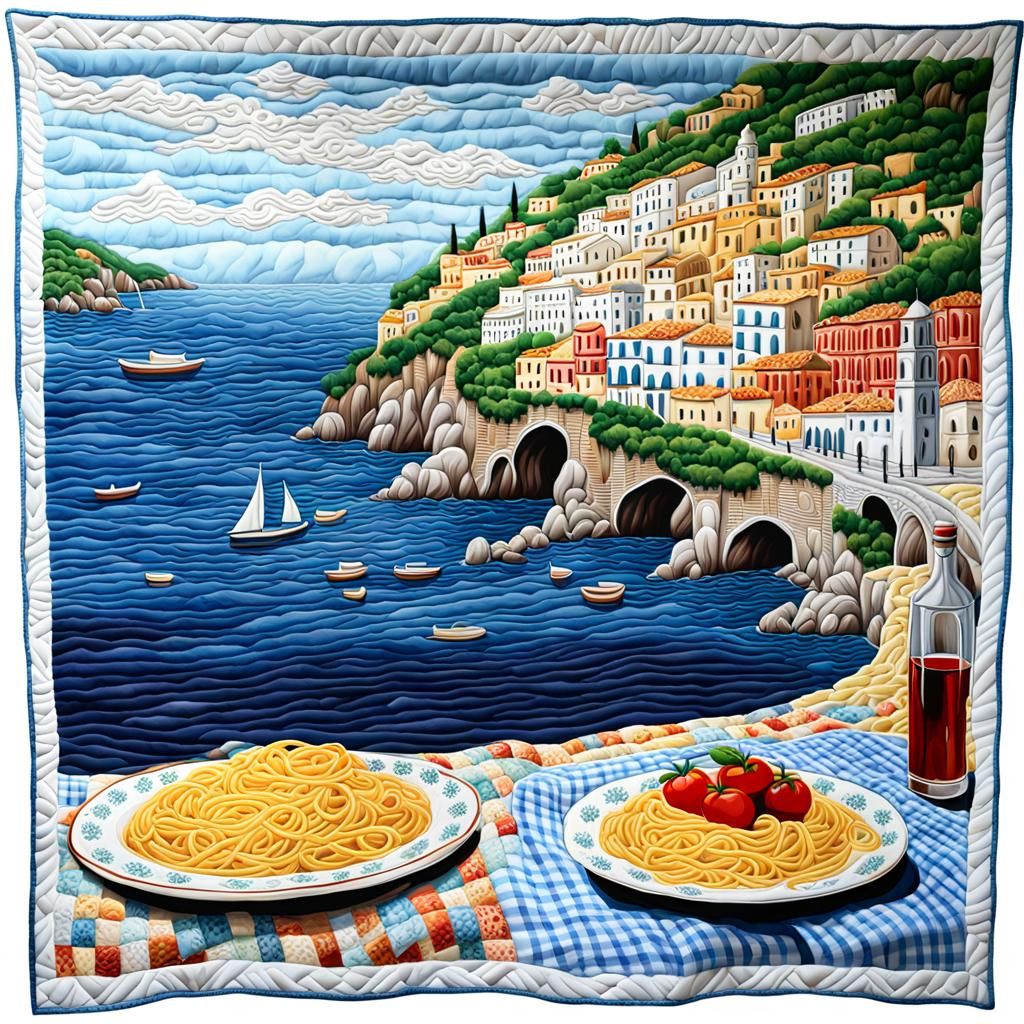 Hyperrealistic Amalfi Coast Landscape Patchwork Quilt