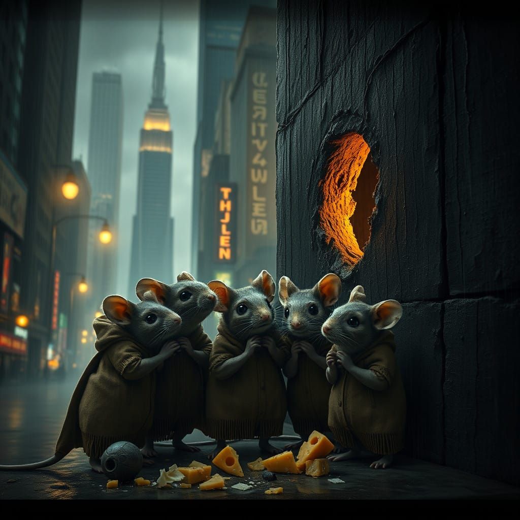 Destitute Family of Mice Beg for Cheese in a Gritty Metropol...