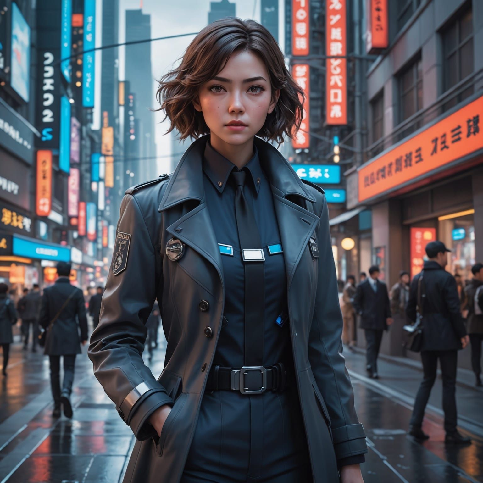 Female Detective in Futuristic City: Anime-Inspired 3D Art