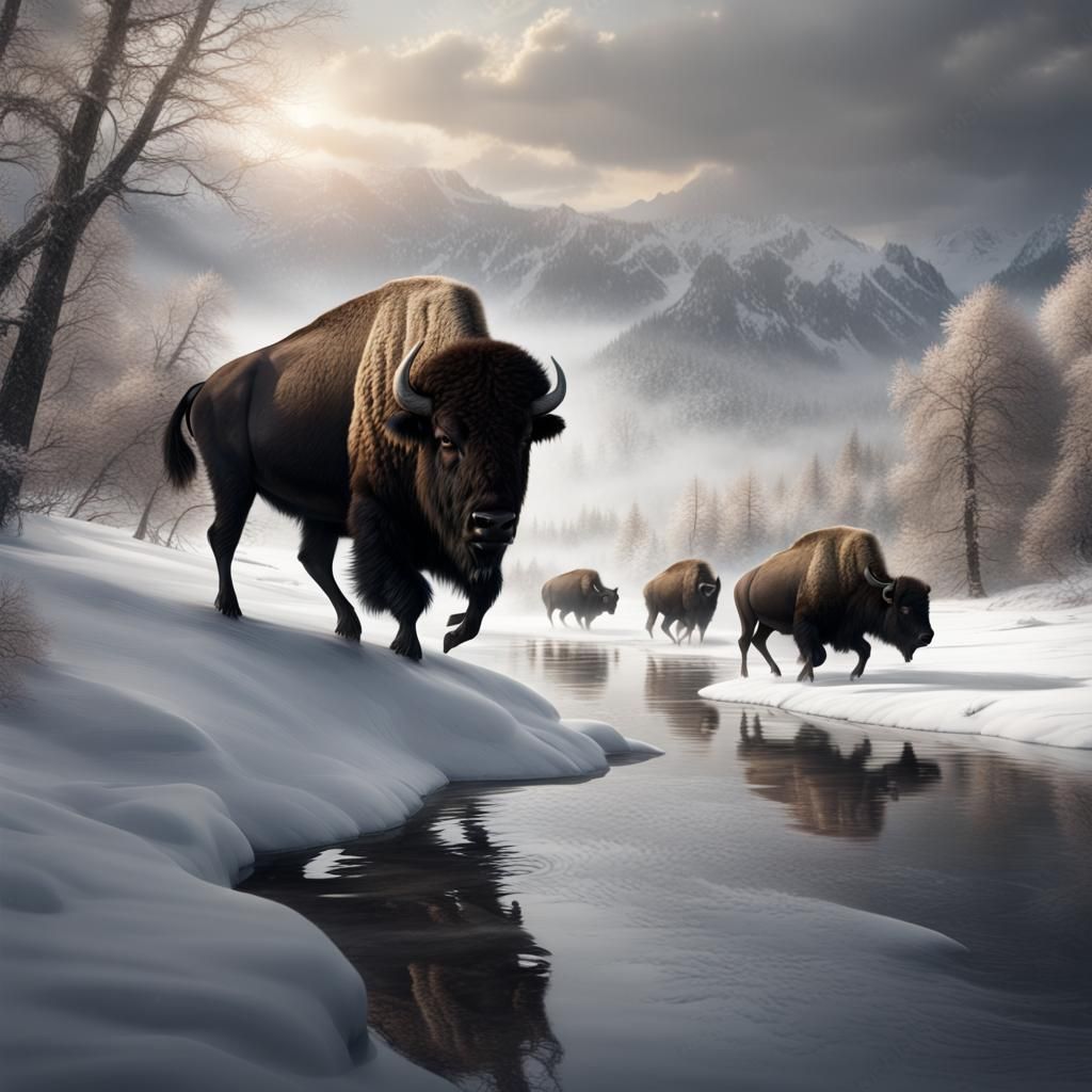 Bison Herd Crossing River in Winter Landscape