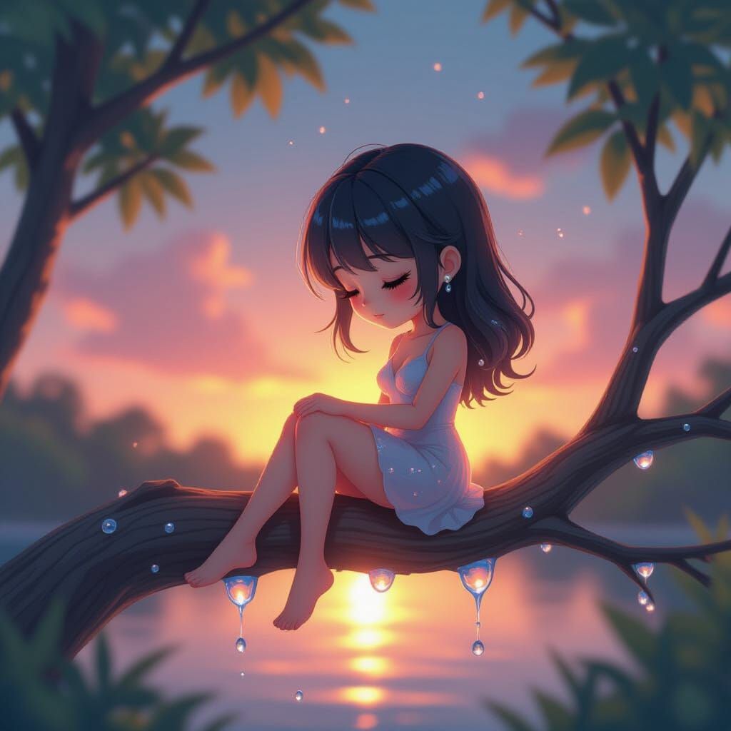 Water Droplet Woman Contemplates Sunset in HDR Macro