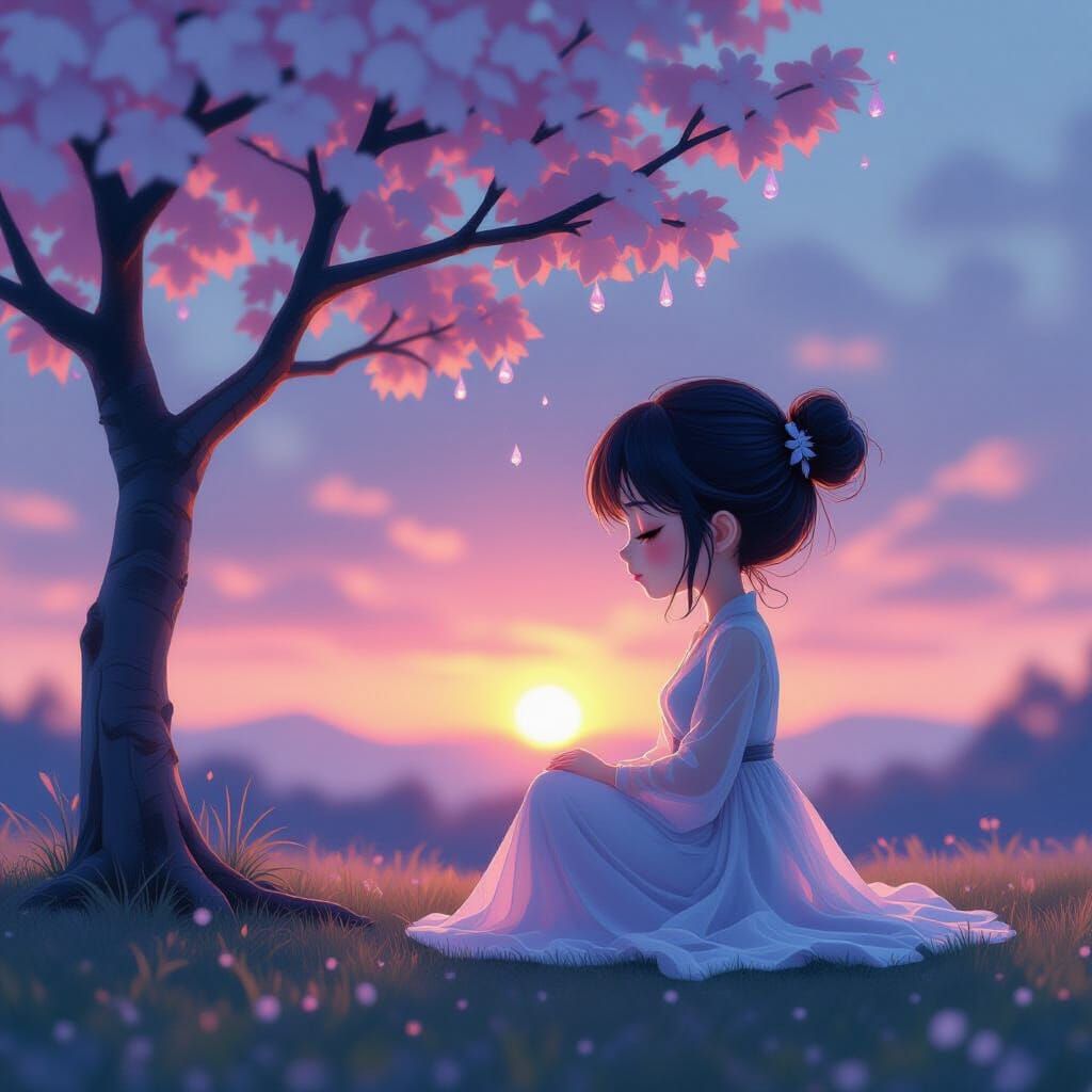 Water Droplet Woman Contemplates Sunset on Branch