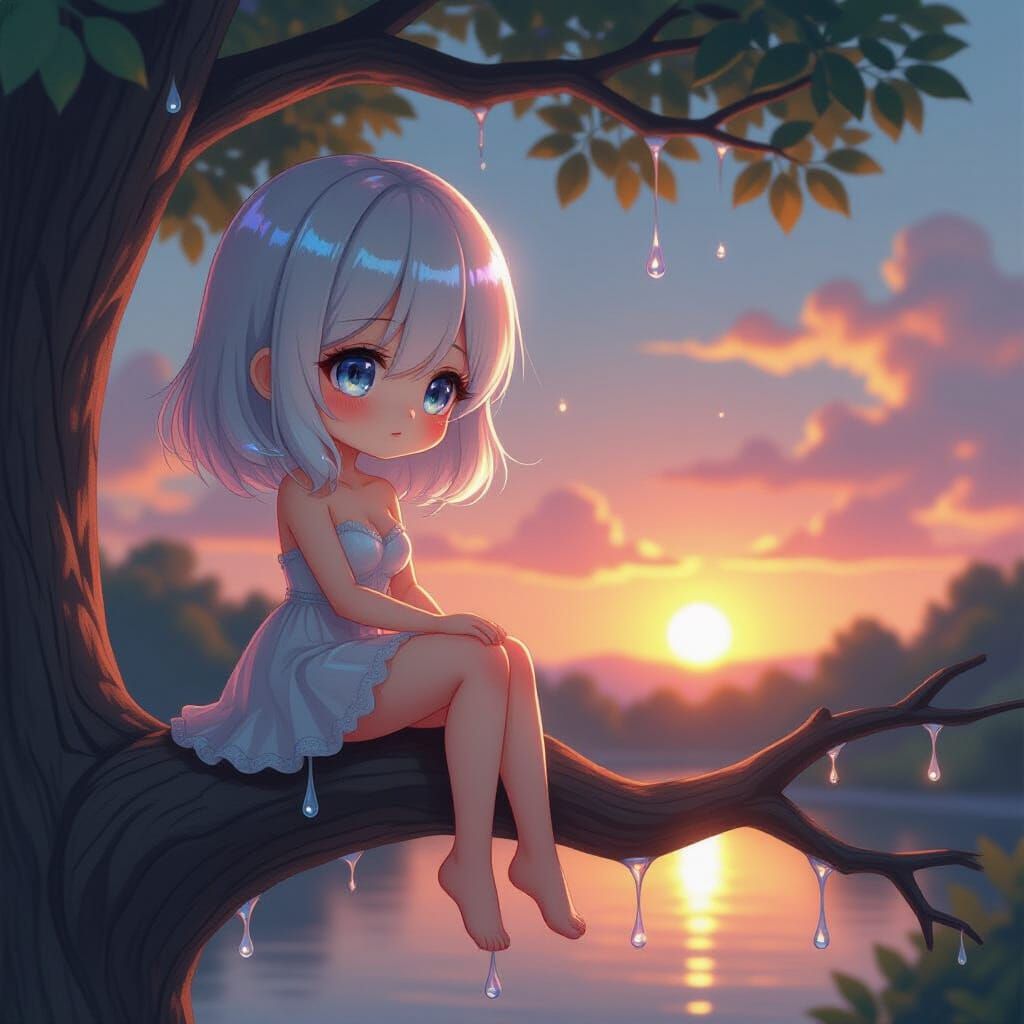 Water Droplet Woman Contemplates Sunset, Digital Art