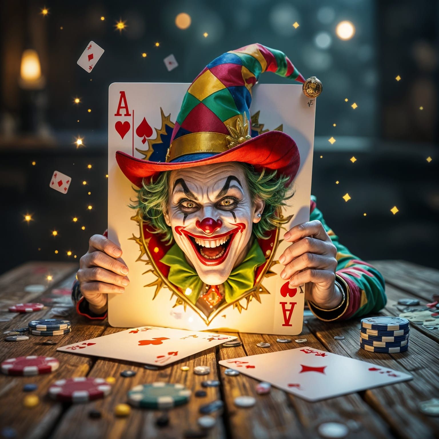 Joker Emerges from Playing Card on Wooden Table