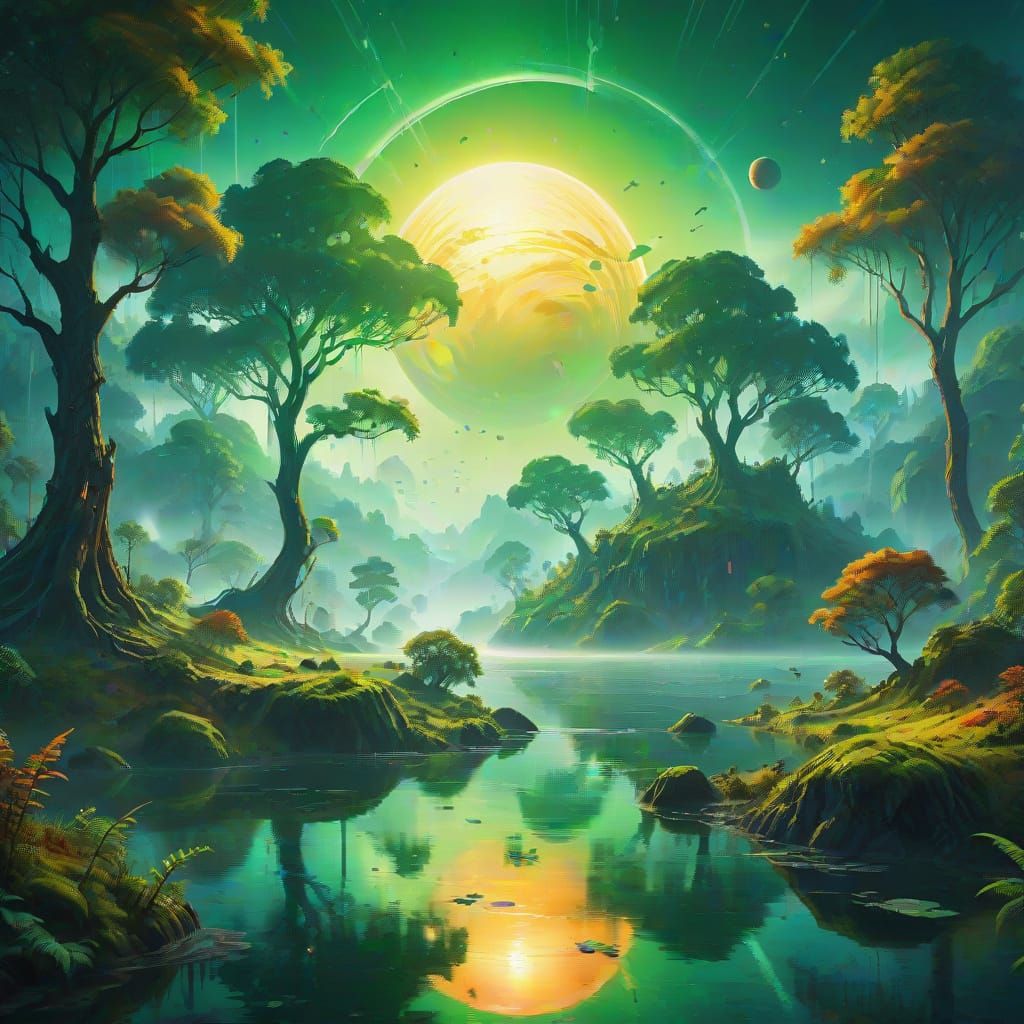 Lush Exoplanet in Triadic Color Oil Painting