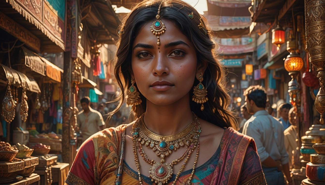 Indian Woman in a Colorful Market, Hyper-Realistic Art