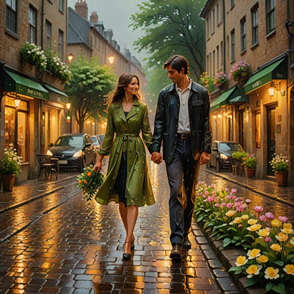Romantic Couple in Summer Rain, Impressionist Painting
