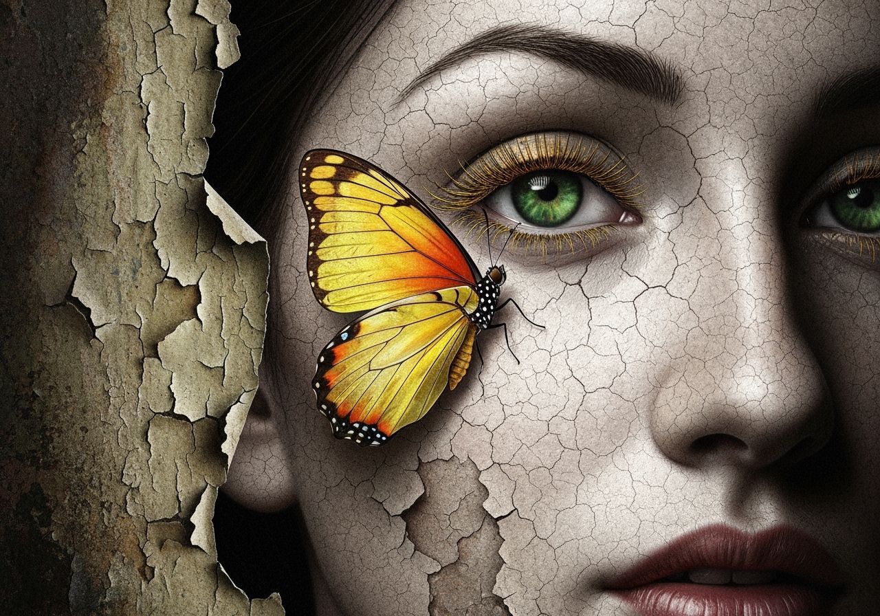 Surreal Portrait: Woman's Face with Butterfly and Textured P...