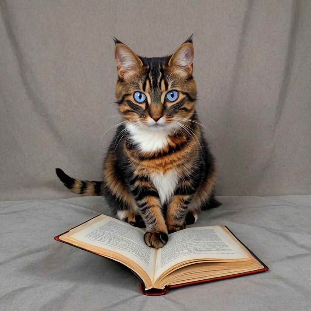 Tabby Cat Reads an Open Book